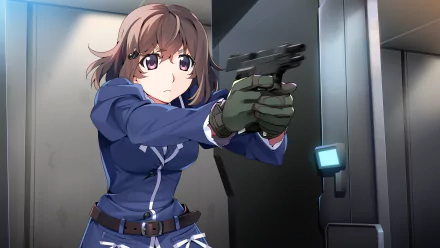 HD anime desktop wallpaper from Grisaia: Phantom Trigger, featuring a determined girl aiming a handgun in a sleek, futuristic setting.