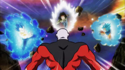 HD wallpaper of Dragon Ball Super featuring Jiren facing off against Vegeta, Goku, and Android 17 in a powerful showdown with vibrant, dynamic energy in the background.