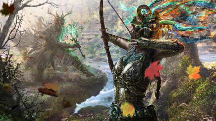 A woman warrior with colorful hair draws a bow in a magical forest, facing a warrior wielding an axe. This HD fantasy wallpaper captures elements of fight, magic, and archery in a stunning landscape.