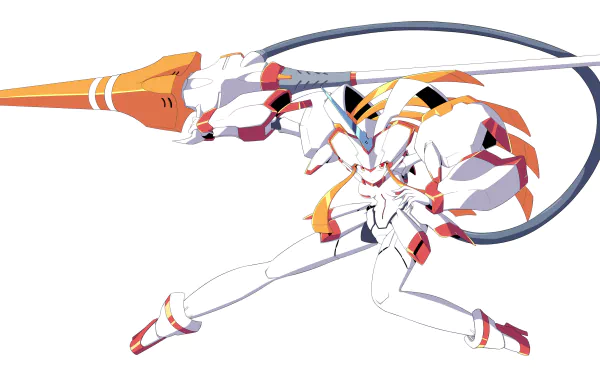 HD desktop wallpaper featuring Strelizia from Darling in the FranXX, showcasing the robot wielding a spear-like weapon with red eyes. The artwork exudes an anime aesthetic.