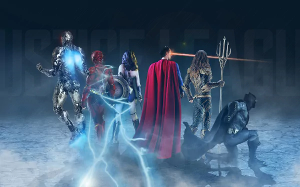 A dynamic HD wallpaper featuring DC Comics' Justice League characters: Cyborg, Aquaman, Wonder Woman, Superman, Batman, and Flash, set against a misty backdrop.