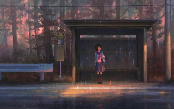 A serene anime scene features a girl waiting at a bus stop in the rain, surrounded by a forest backdrop, creating a tranquil atmosphere for an HD desktop wallpaper.