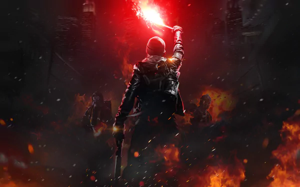 HD wallpaper featuring a dramatic scene from Tom Clancy's The Division: a soldier holding a flare amidst a fiery cityscape.