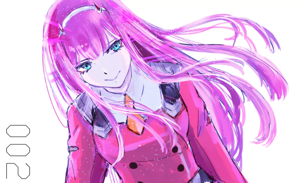 Anime character Zero Two from Darling in the FranXX with pink hair, aqua eyes, and a smile, wearing a uniform. The HD desktop wallpaper showcases her distinctive features and vibrant colors against a white background.