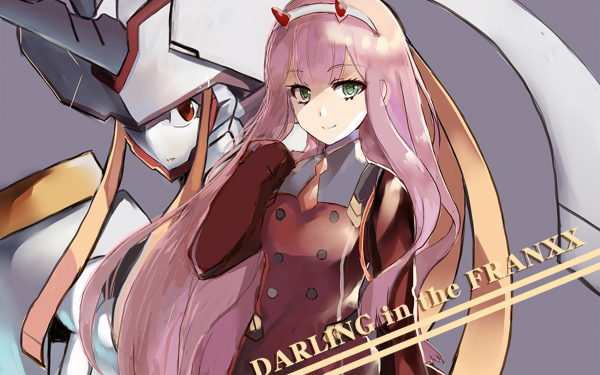 Anime Darling in the FranXX Zero Two Robot Long Hair Pink Hair Green Eyes Smile Horns Uniform Red Eyes HD Wallpaper | Background Image