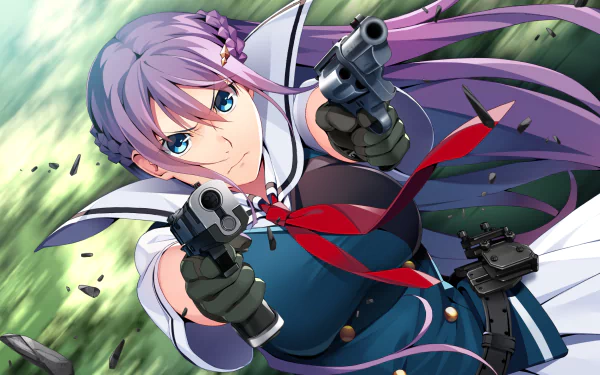Anime Grisaia: Phantom Trigger — purple-haired girl in school uniform firing twin handguns in a dynamic pose, 2K Quad HD PC desktop wallpaper/background.