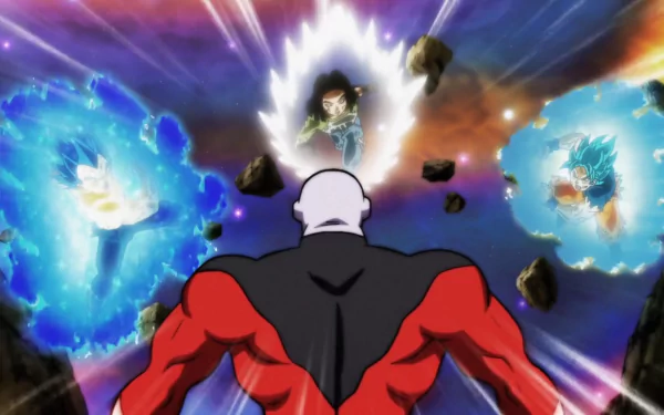 HD wallpaper of Dragon Ball Super featuring Jiren facing off against Vegeta, Goku, and Android 17 in a powerful showdown with vibrant, dynamic energy in the background.