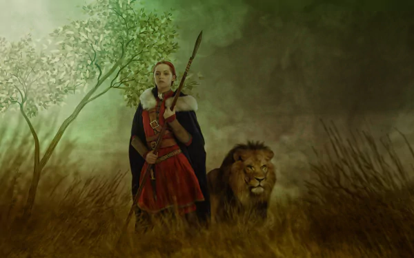 A woman warrior hunter stands with a lance beside a lion in a misty, grassy landscape, creating a striking fantasy HD desktop wallpaper background.