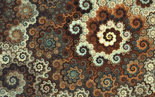 HD desktop wallpaper featuring an abstract fractal pattern of intricate, spiraling shapes in earthy tones creating a mesmerizing, repetitive spiral design.