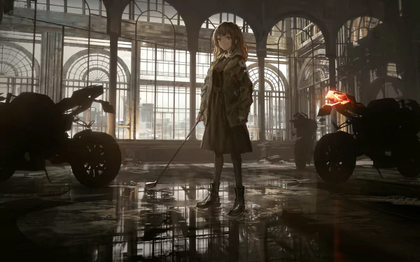 Anime-style original HD wallpaper depicting a girl standing in a reflective, spacious town hall room with motorcycles nearby, blending urban and serene golf town vibes.