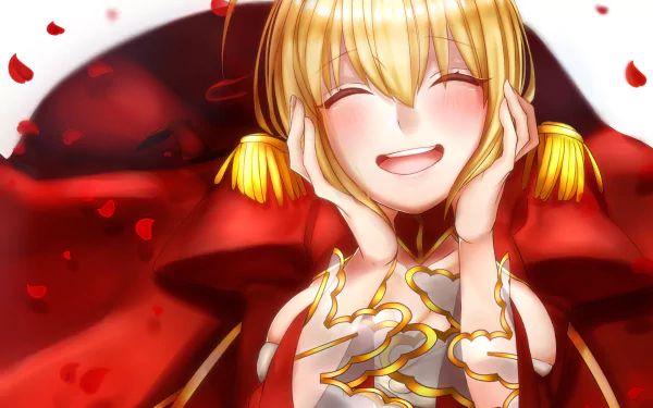 Blonde anime character Saber from the Fate Series smiles joyfully, surrounded by petals, showcasing her short hair and blush in a vibrant, captivating HD wallpaper.