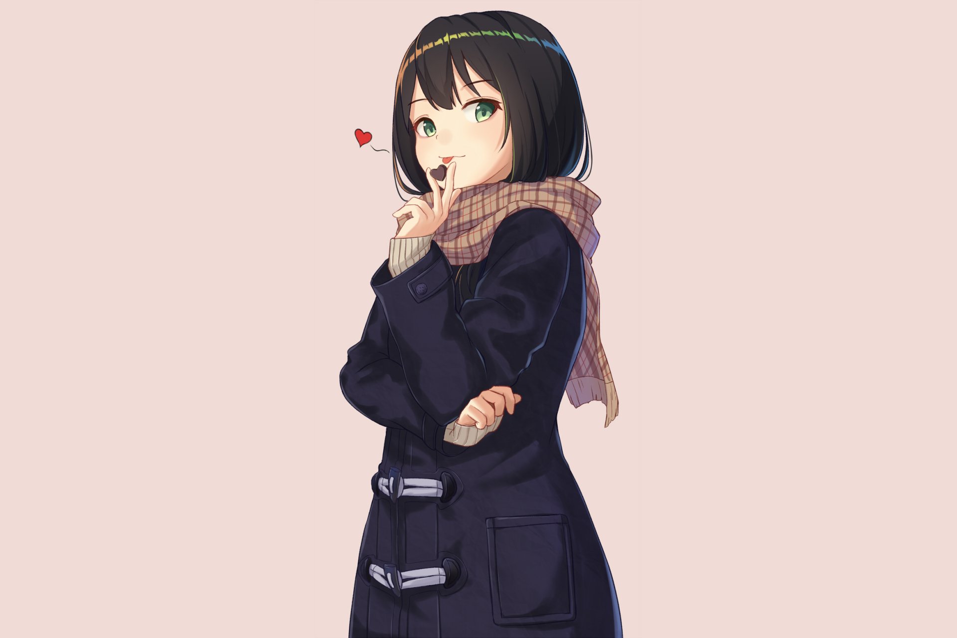 HD anime-style original artwork of a girl in a black coat and scarf, making a shushing gesture with a small red heart near her face, designed as a PC desktop wallpaper.