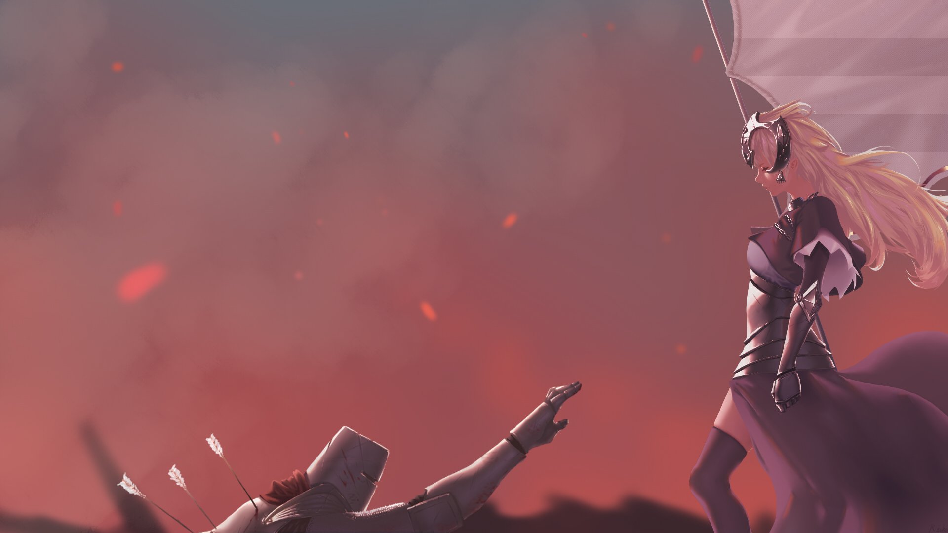 Blonde, long-haired Jeanne d'Arc (Ruler, Fate/Grand Order) in armor, holding a flag and weapon as a knight against a blood-red sky — HD PC desktop anime wallpaper.