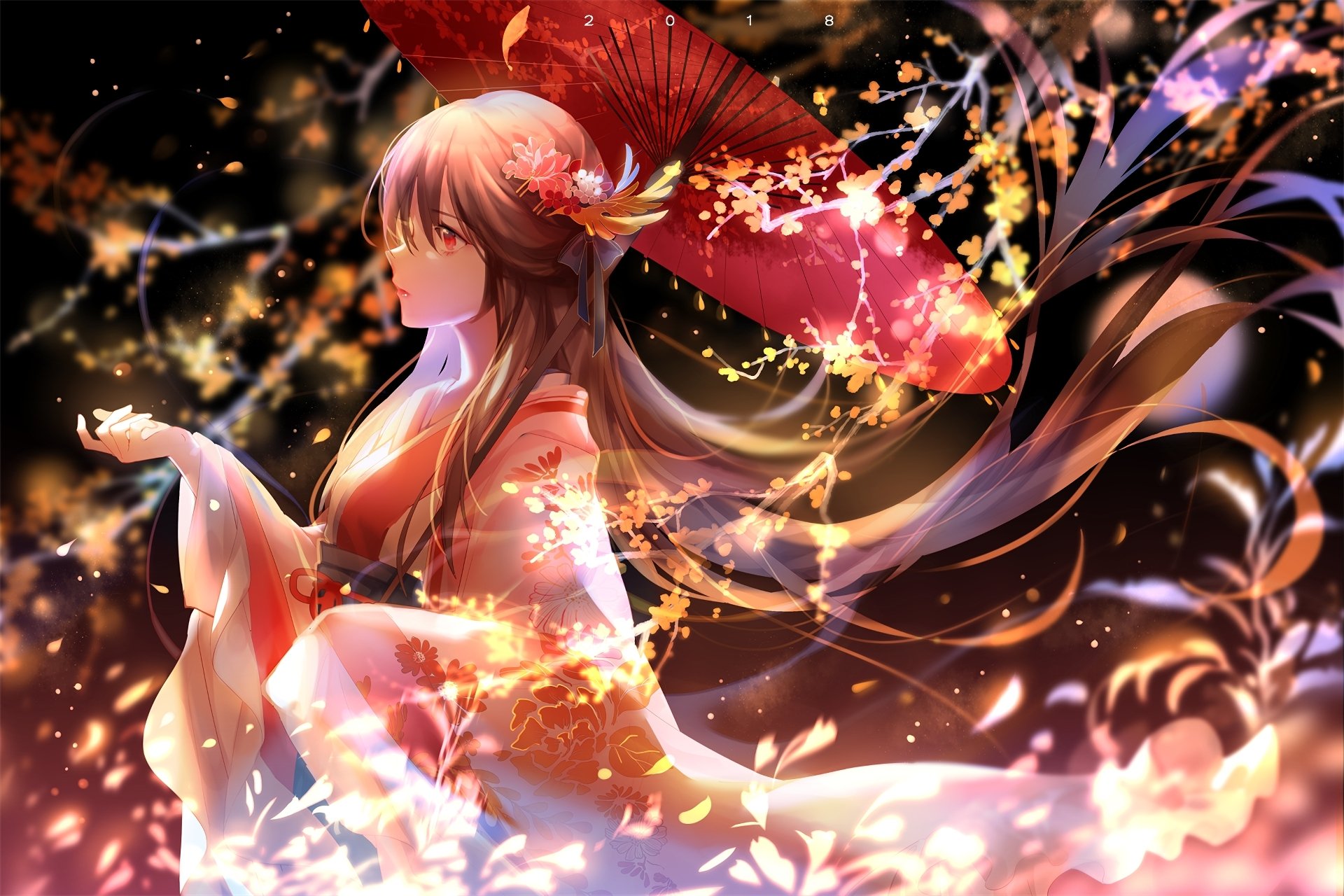 HD desktop wallpaper featuring an anime girl with long hair and a red umbrella, surrounded by glowing leaves and light effects, creating a magical and serene atmosphere.