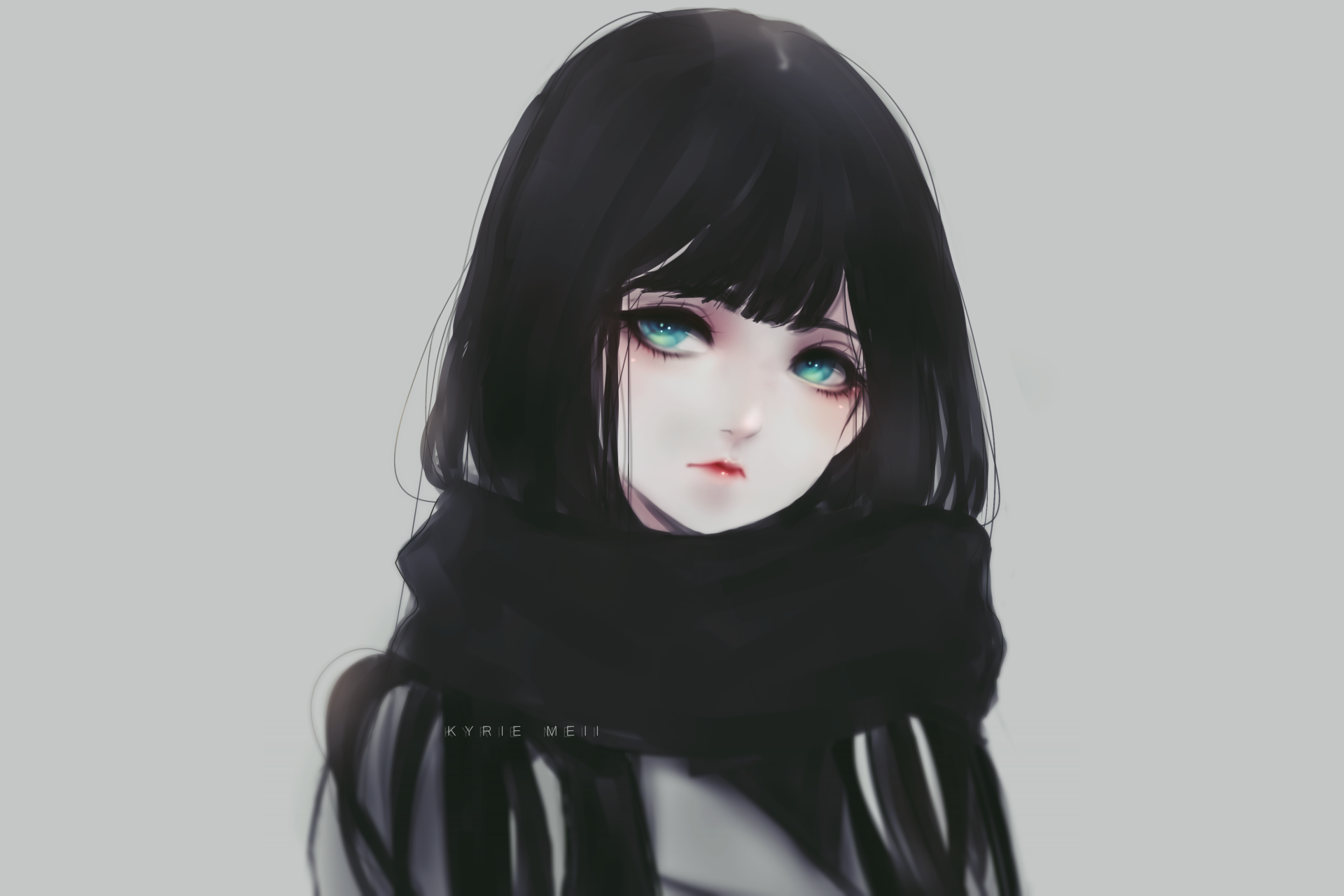 Девушка с чёрными волосами и серыми глазами арт