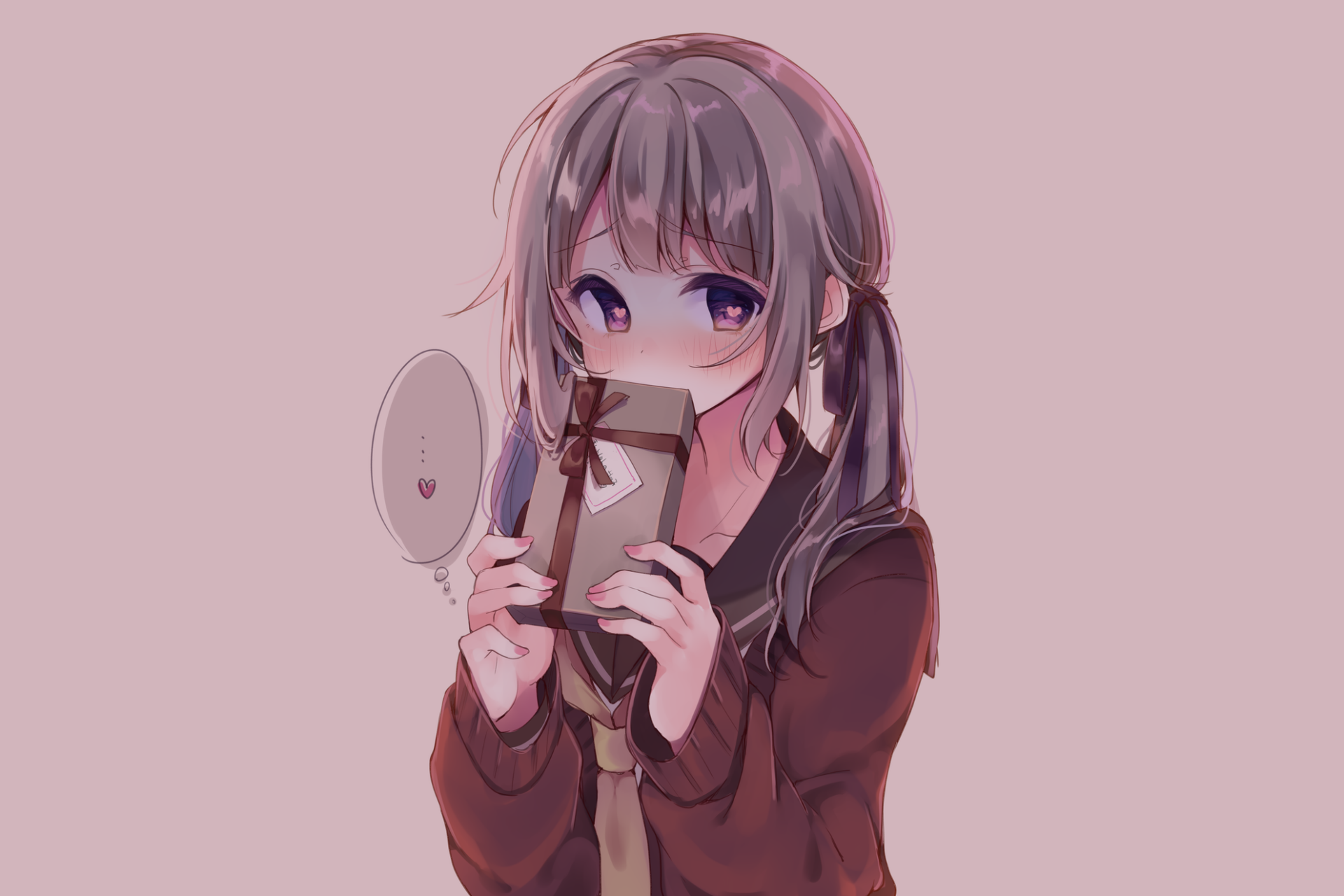 HD anime-style original artwork of a girl with purple eyes and long hair, holding a gift and a small fan, designed as a PC desktop wallpaper background.