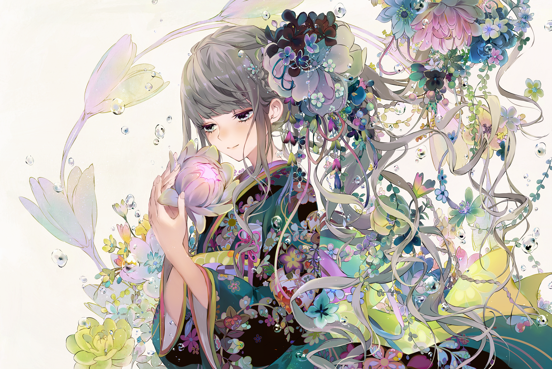 A serene anime girl in a floral kimono is enveloped by colorful flowers and delicate leaves. HD desktop wallpaper and background tagged as original.