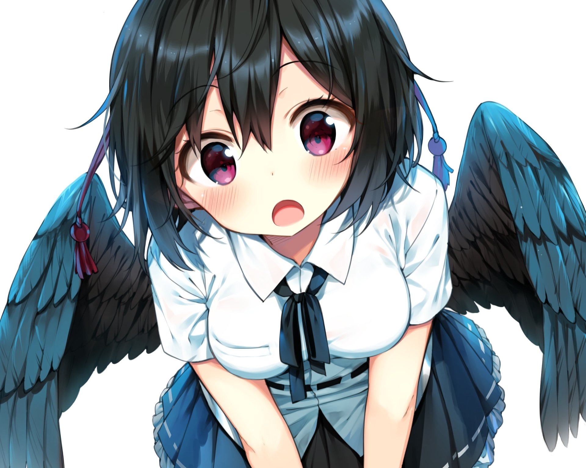 HD anime desktop wallpaper featuring Aya Shameimaru from Touhou, showcasing her expressive eyes, black wings, and detailed character design.