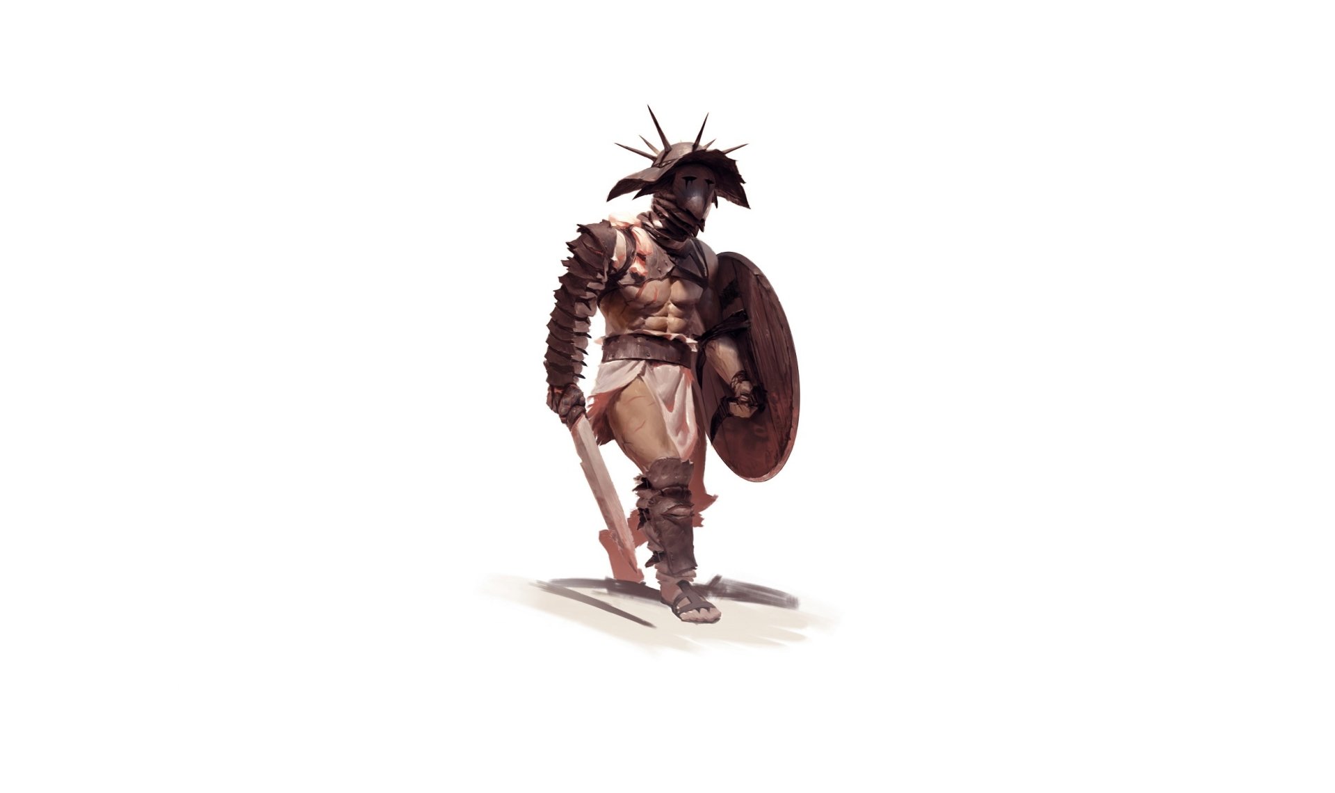 HD PC desktop wallpaper showing a fantasy gladiator warrior with sword and shield, armored with a spiked helmet standing on a pale background.