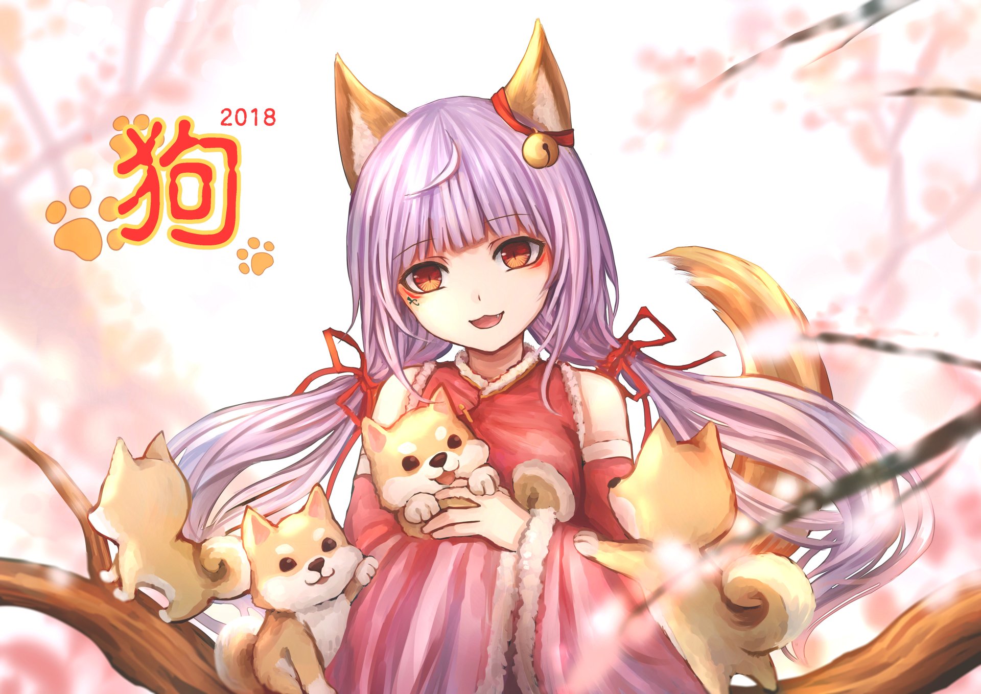 Anime original 4K Ultra HD PC desktop wallpaper and background: pink-haired fox-eared girl in a kimono holding Shiba Inu pups amid cherry blossoms, gold tails and '2018' kanji.