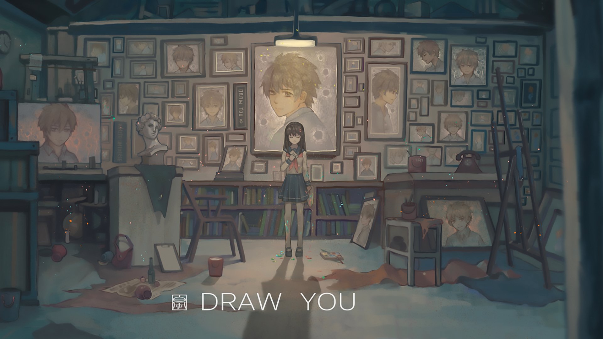 Anime original HD PC desktop wallpaper and background — a girl in a dim art studio stands among canvases and framed portraits, a large portrait looming above; muted, dreamlike palette.