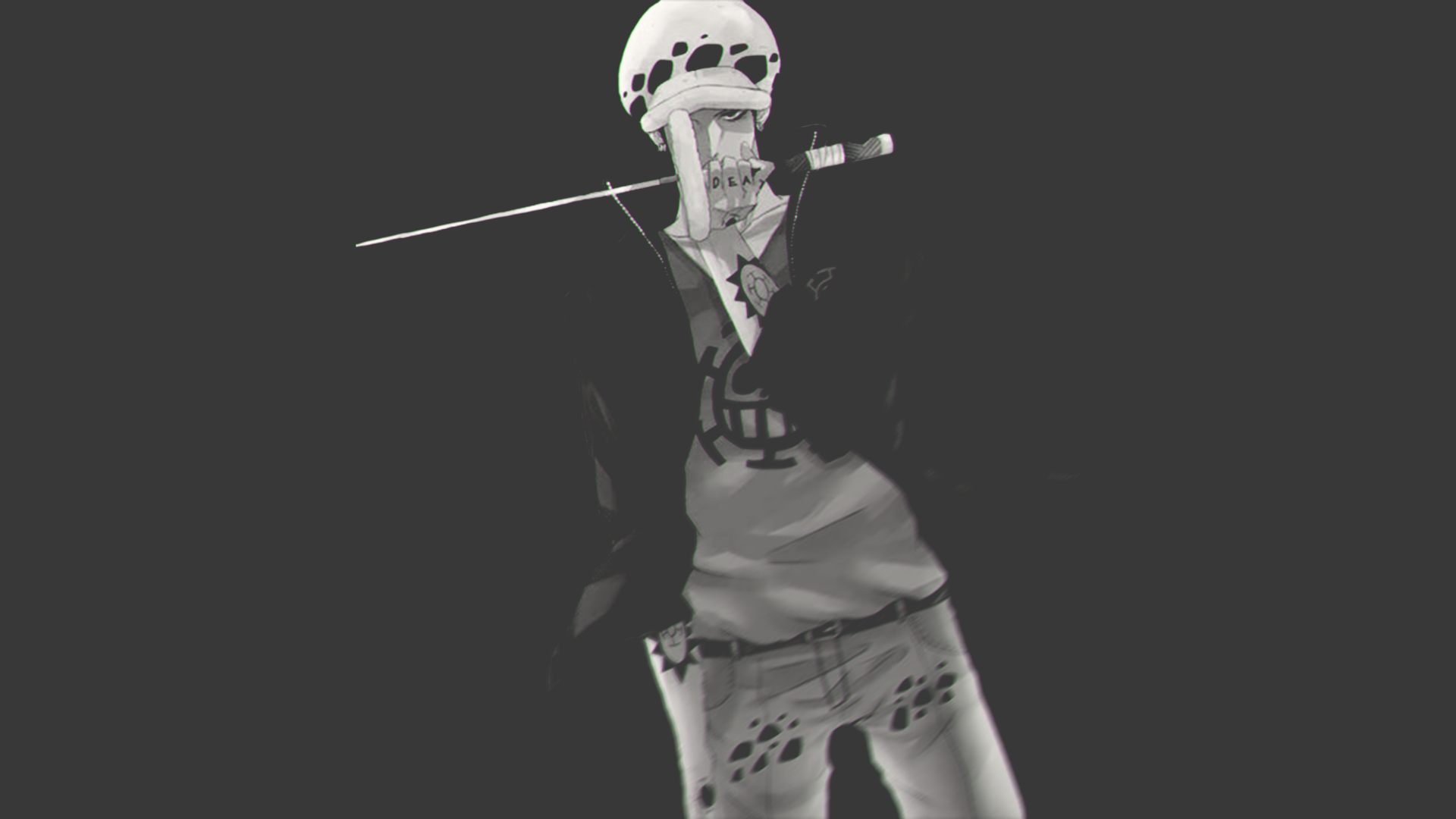 HD desktop wallpaper featuring Trafalgar Law from the anime One Piece, depicted in a dynamic pose against a dark background.