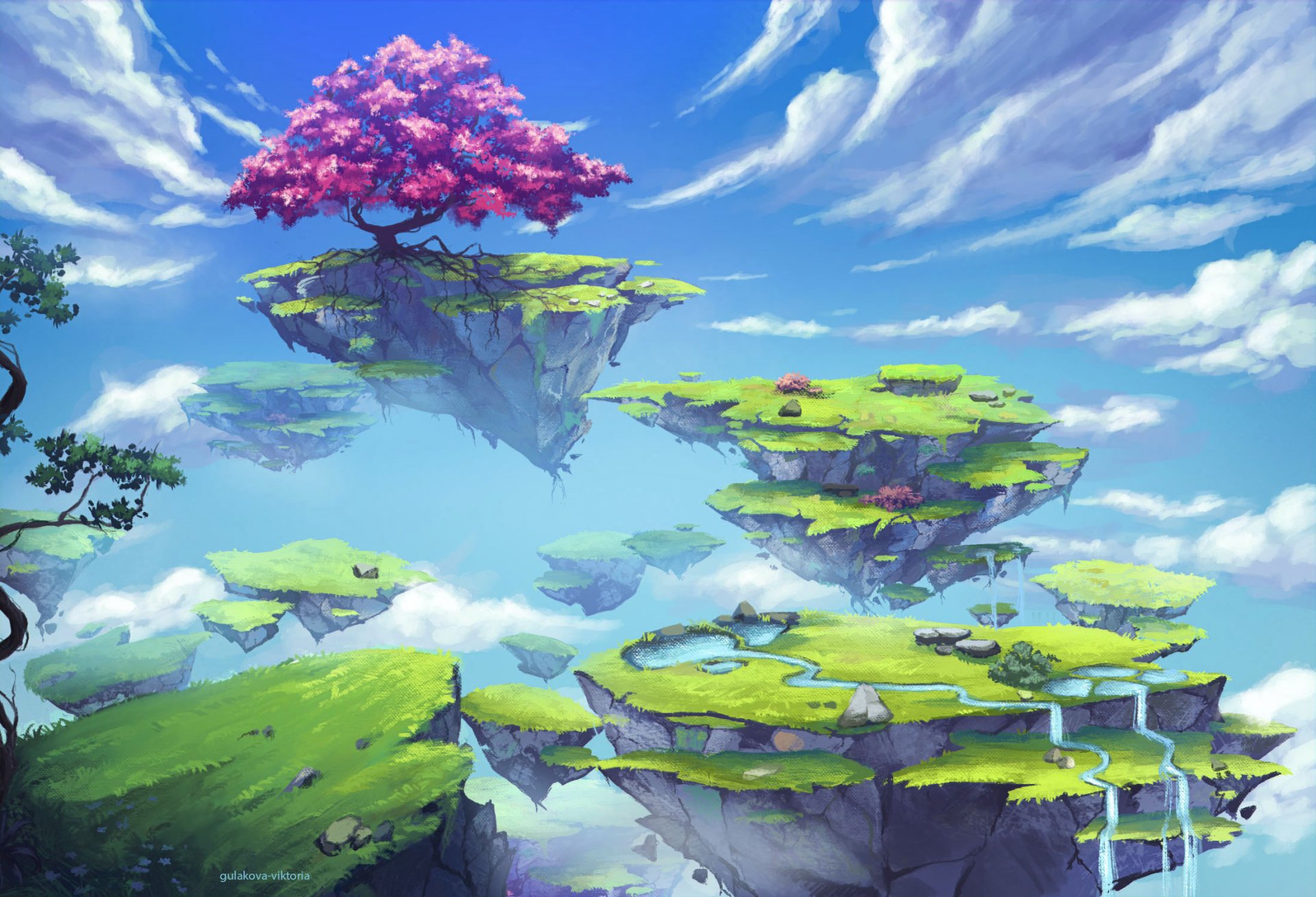 HD desktop wallpaper of a fantasy landscape featuring floating islands with lush greenery and a striking pink tree. Waterfalls cascade from one island, set against a vibrant, cloudy sky.