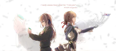 HD desktop wallpaper featuring Violet Evergarden from the anime Violet Evergarden. The image shows Violet in two different outfits, with the quote I really wanna know about his 'I love you' in the background.