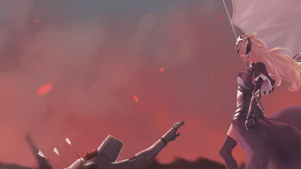 Blonde, long-haired Jeanne d'Arc (Ruler, Fate/Grand Order) in armor, holding a flag and weapon as a knight against a blood-red sky — HD PC desktop anime wallpaper.