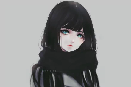Anime-style original artwork of a girl with long black hair and teal eyes, set against a plain gray background, rendered in 4K Ultra HD for PC desktop wallpaper.