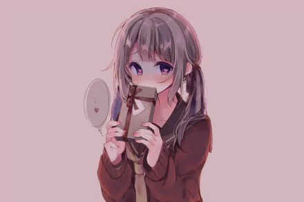 HD anime-style original artwork of a girl with purple eyes and long hair, holding a gift and a small fan, designed as a PC desktop wallpaper background.