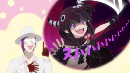 HD desktop wallpaper featuring Maou and Guri from the anime Renai Boukun, with Maou in white attire and Guri in a playful black outfit with horns, set against an energetic and colorful background.