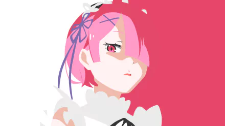 Minimalist HD wallpaper of Ram from the anime Re:Zero - Starting Life in Another World, depicting her in maid attire with pink hair and a stern expression.