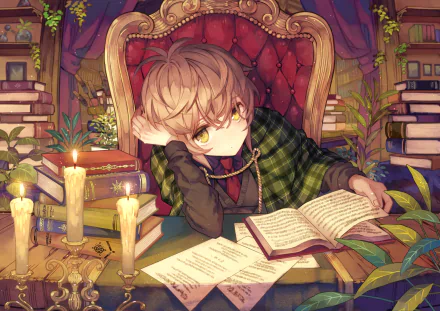 Anime-style original HD desktop wallpaper depicting a young person with light brown hair reading at a cluttered desk, surrounded by candles, books, and plants in a cozy room.