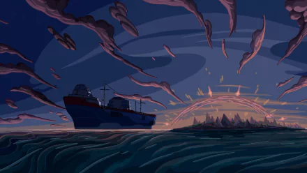 HD desktop wallpaper from the TV show Adventure Time depicting a ship sailing on dark waters under a dramatic, cloud-filled sunset sky.