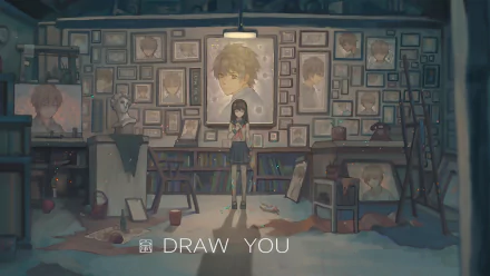 Anime original HD PC desktop wallpaper and background — a girl in a dim art studio stands among canvases and framed portraits, a large portrait looming above; muted, dreamlike palette.