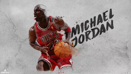 HD desktop wallpaper featuring Michael Jordan in a Chicago Bulls uniform, dynamically holding a basketball against a textured background with his name prominently displayed.