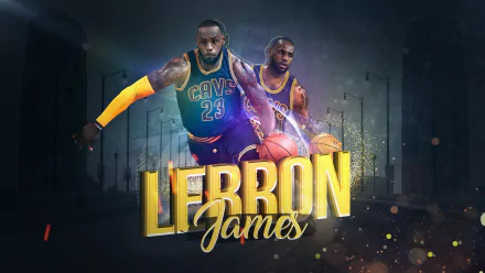 HD desktop wallpaper featuring NBA athlete LeBron James in Cleveland Cavaliers and Lakers jerseys with bold gold text of his name.