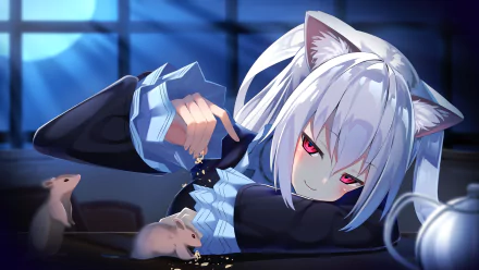 HD wallpaper featuring anime character Nora Cat, a virtual YouTuber. Nora Cat relaxes, feeding two small mice while gazing with striking red eyes.