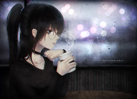 A high-definition anime wallpaper featuring a thoughtful character with glasses holding a steaming cup, set against a rainy window with blurred lights in the background.