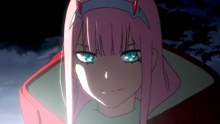 HD desktop wallpaper featuring Zero Two from the anime Darling in the FranXX. She has pink hair, a headband with red accents, and blue eyes, set against a dramatic dark background.