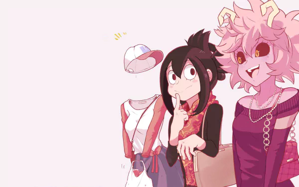 HD desktop wallpaper featuring My Hero Academia's characters Toru Hagakure, Tsuyu Asui, and Mina Ashido in a fun, pink-themed scene, with Tsuyu looking thoughtful and Mina smiling brightly.