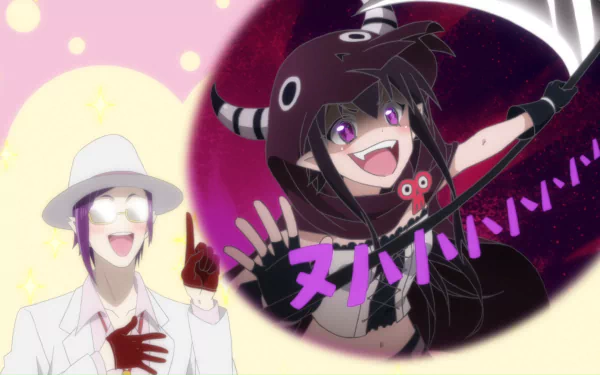 HD desktop wallpaper featuring Maou and Guri from the anime Renai Boukun, with Maou in white attire and Guri in a playful black outfit with horns, set against an energetic and colorful background.
