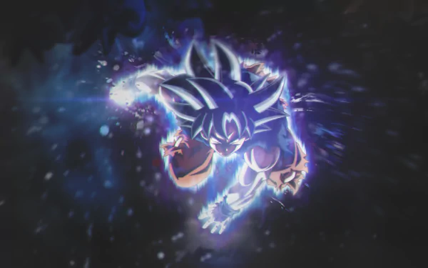HD desktop wallpaper featuring Goku in his Ultra Instinct form from Dragon Ball Super, surrounded by a dynamic and glowing aura.