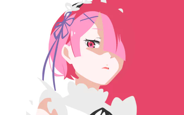 Minimalist HD wallpaper of Ram from the anime Re:Zero - Starting Life in Another World, depicting her in maid attire with pink hair and a stern expression.