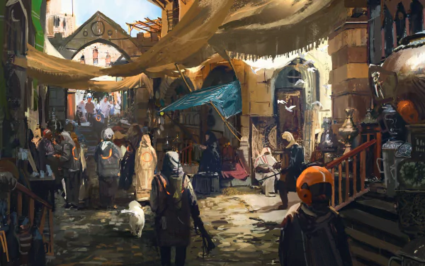 HD sci-fi desktop wallpaper depicting a bustling futuristic marketplace filled with diverse people and vibrant street scenes under fabric canopies.