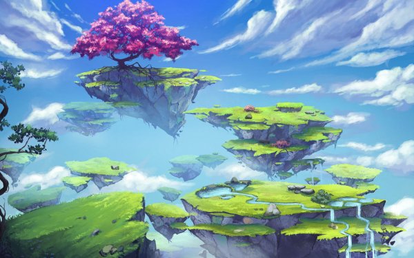 Fantasy Landscape Tree Sky Waterfall Floating Island HD Wallpaper | Background Image