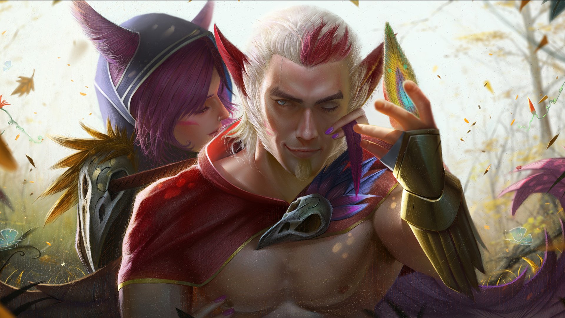 HD desktop wallpaper featuring Rakan and Xayah from League of Legends. Rakan, with red and white hair, is in the foreground, and Xayah, with purple hair and fox-like ears, is in the background.