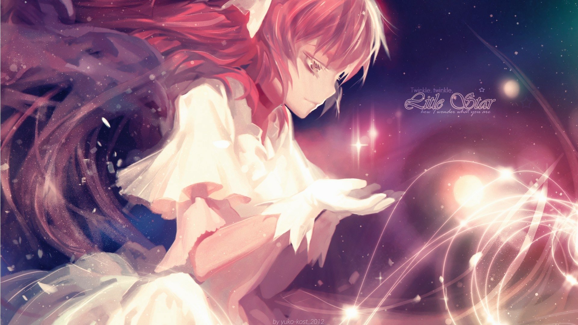 Madoka Kaname from Puella Magi Madoka Magica in a flowing white dress, cradling glowing magical orbs against a starry, ethereal backdrop — HD PC desktop anime wallpaper/background.