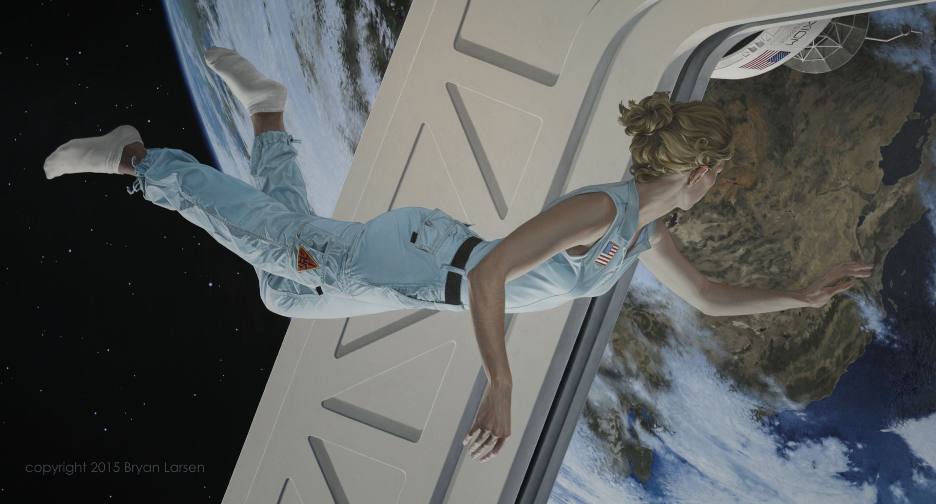 Artistic HD PC desktop wallpaper featuring a woman floating outside a spacecraft orbiting Earth, blending surreal space elements with human presence.